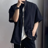 Threebooy Spring Summer Solid Waffle Shirt Men Zipper Shirts Trend Stand Collar Short Sleeve Tops Unisex Man Shirts Oversized Streetwear F